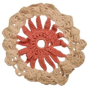 VTG HAND CROCHETED 5" DOILY PINK WHITE GREEN WHEEL SUN STAR CELESTIAL COTTAGE
